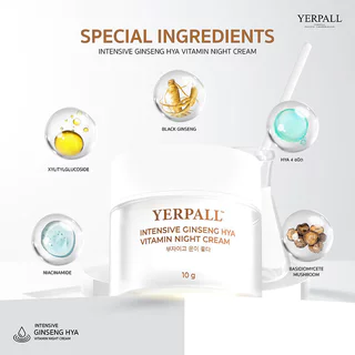 Yerpall ครีมโสม Intensive Active Ginseng Hya Night Cream 10g ครีมบำรุงผิวหน้าสูตรกลางคืน เยอร์พอล จุดด่างดำแลดูจางลง