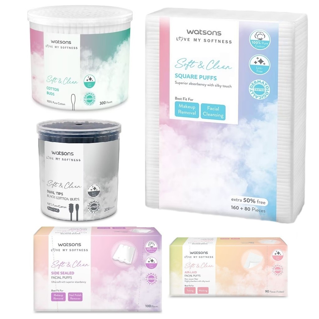 Watsons Soft & Clean Square Puffs Face Cotton 240 ชิ้น / Cotton Buds 300s / Black Cotton Buds 200s