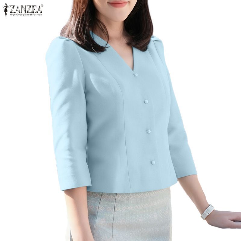 ZANZEA ผู้หญิงเกาหลี Elegant Office OL V คอสามไตรมาสแขน Single-Breasted Fit-Waist เสื้อ
