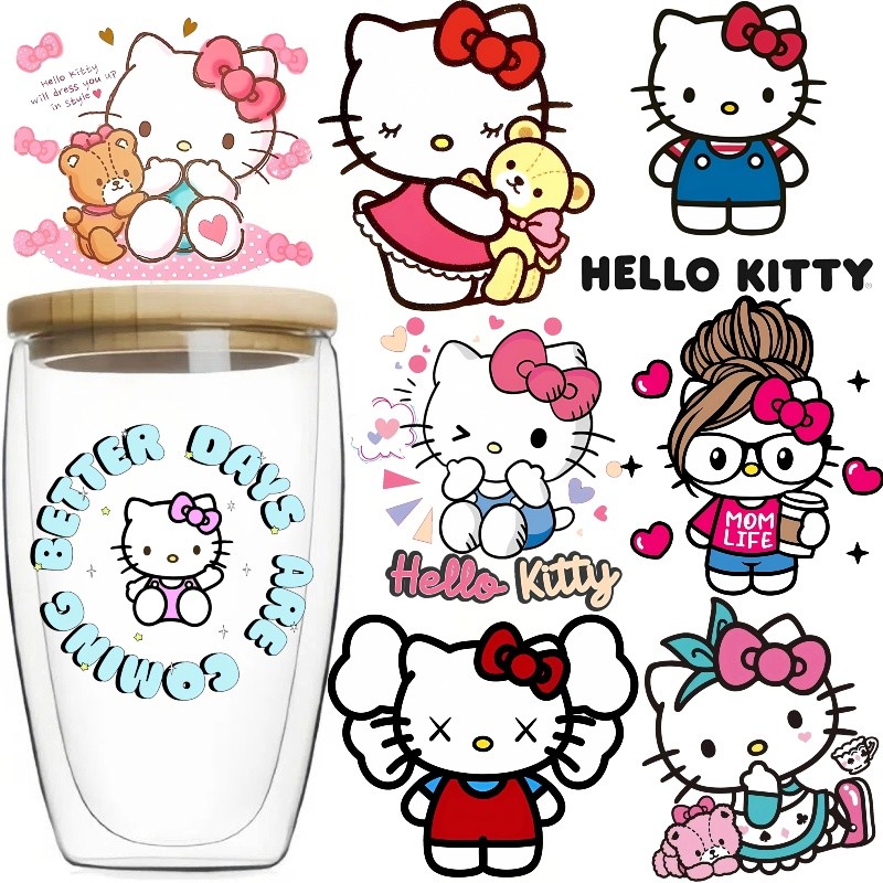 Hello Kitty สติกเกอร์พิมพ์เย็นคริสตัลกาว UV Transfer สติกเกอร์แฟชั่น DIY ป้ายสติกเกอร์การ์ตูนสติกเกอร์ล้างทําความสะอาดได้