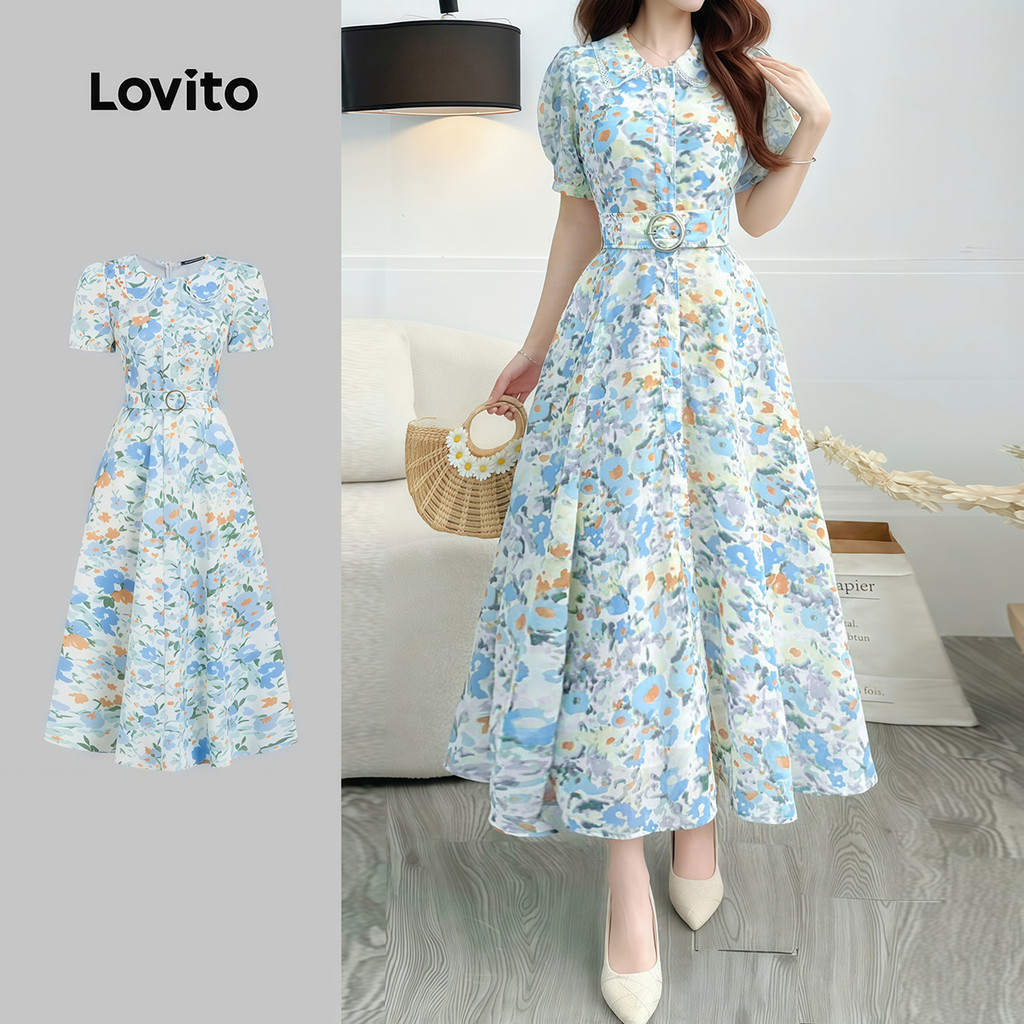 (สง่างาม) Lovito แพทเทิร์นชุดเดรส ลูกไม้ เดรสฤดูร้อน/ฤดูใบไม้ผลิ พร้อมเข็มขัดสําหรับผู้หญิง L177ED253