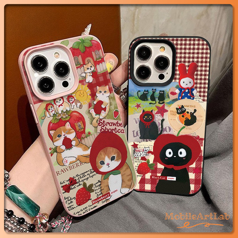 เคสไอโฟน 13 สำหรับ IPhone 17 AIR 15 13 16 11 12 14 Pro Max 7 15 8 14 16 Plus XS X Max ฝาครอบโซ่กระต่ายสตรอเบอร์รี่แมวดำ