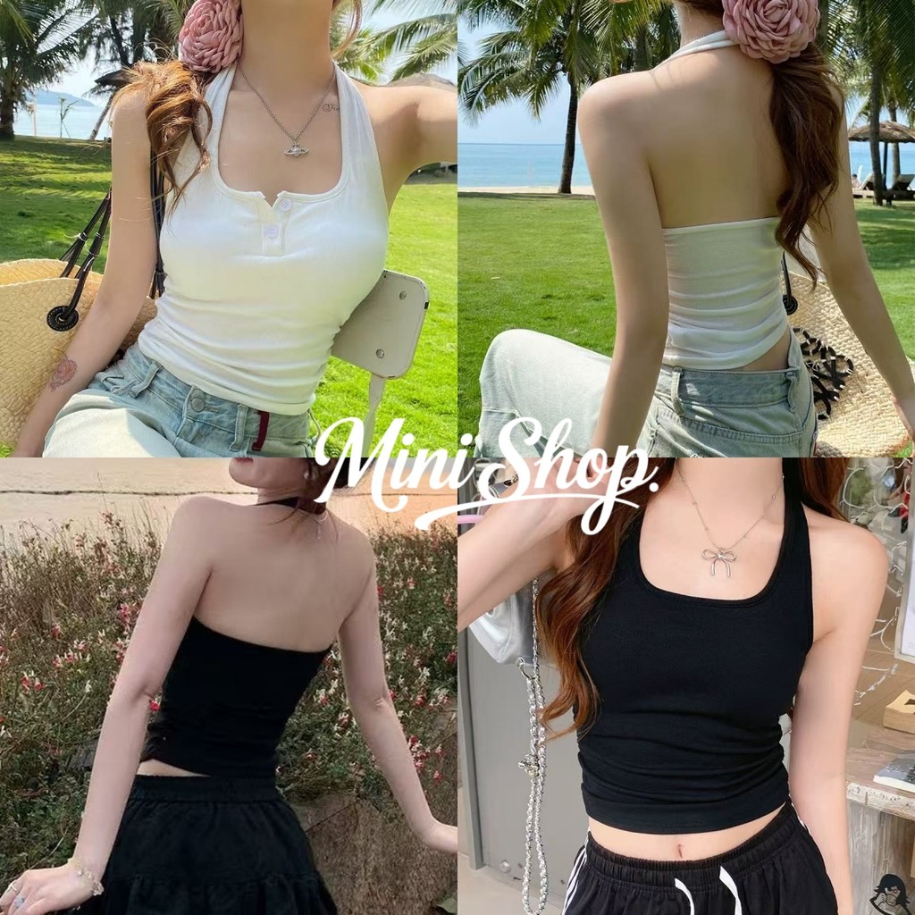 Mini shop🌸พร้อมส่ง🌸(FY550)เสื้อคล้องคอ น่ารักๆ สีสดใส เสริมฟองน้ำในตัว ยืดพอดีทรงรัดตัว สายเดี่ยว