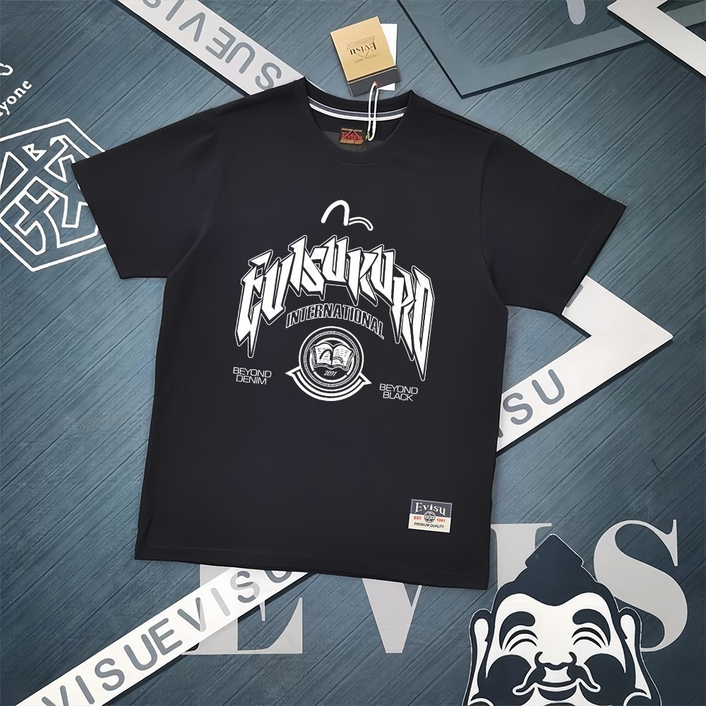 EVISU/God of Fortune/6XL คลาสสิกรอบคอแขนสั้นเสื้อยืดผู้ชายผู้หญิงสไตล์ขนาดใหญ่พิมพ์เสื้อยืดด้านบนร้อ
