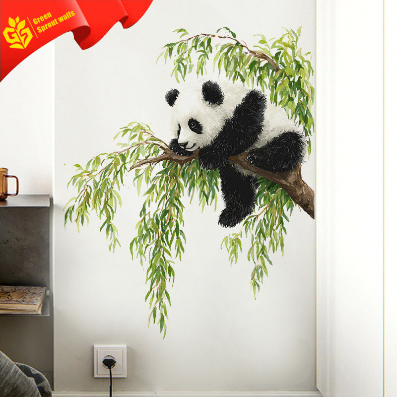 การ์ตูน Panda Climbing Tree สติ๊กเกอร์ติดผนังกันน้ํา Oilproof สติ๊กเกอร์ตกแต่งบ้าน PVC Self-Adhesive ตกแต่งห้องนั่งเล่น