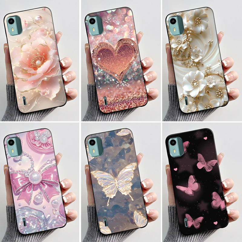 พิมพ์เคสโทรศัพท์สําหรับ Nokia C12 (TA-1535)/C12 Plus/C12 Pro ซิลิโคนอ่อนนุ่มฝาครอบเปลือกสีดําดอกไม้น่ารักการ์ตูนปลอก