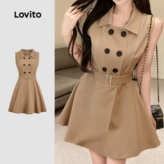 Lovito  เดรสผู้หญิงสีคากิ สไตล์ฤดูใบไม้ผลิ/ฤดูร้อน เดรสกระดุ…