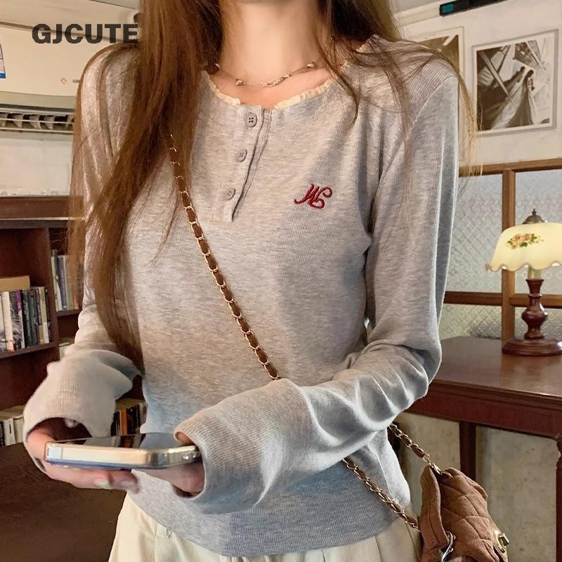 ❤️Gjcute ฤดูใบไม้ร่วงเกาหลีลูกไม้ Patchwork รอบคอแขนยาวบางเสื้อยืดสําหรับผู้หญิง WTD