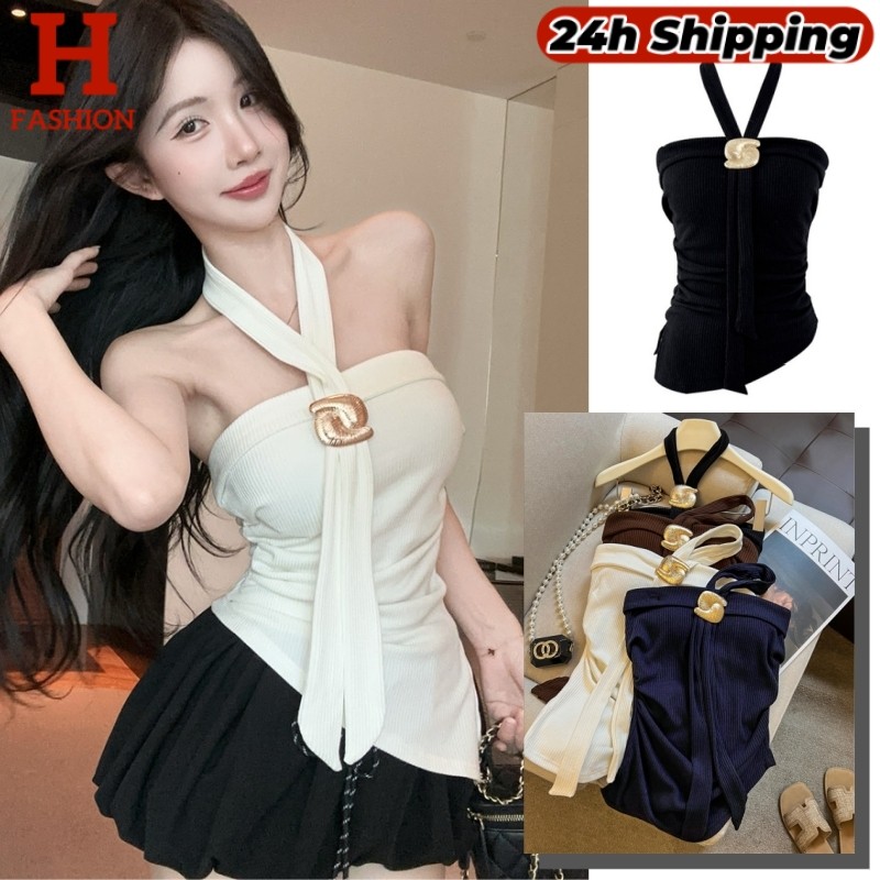 HOT 'พร้อมส่ง' เสื้อเกาะอก เสริมฟองน้ำ ดีเทลเรียบๆ แถมเชือกคล้องคอและอะไหล่ FY2921