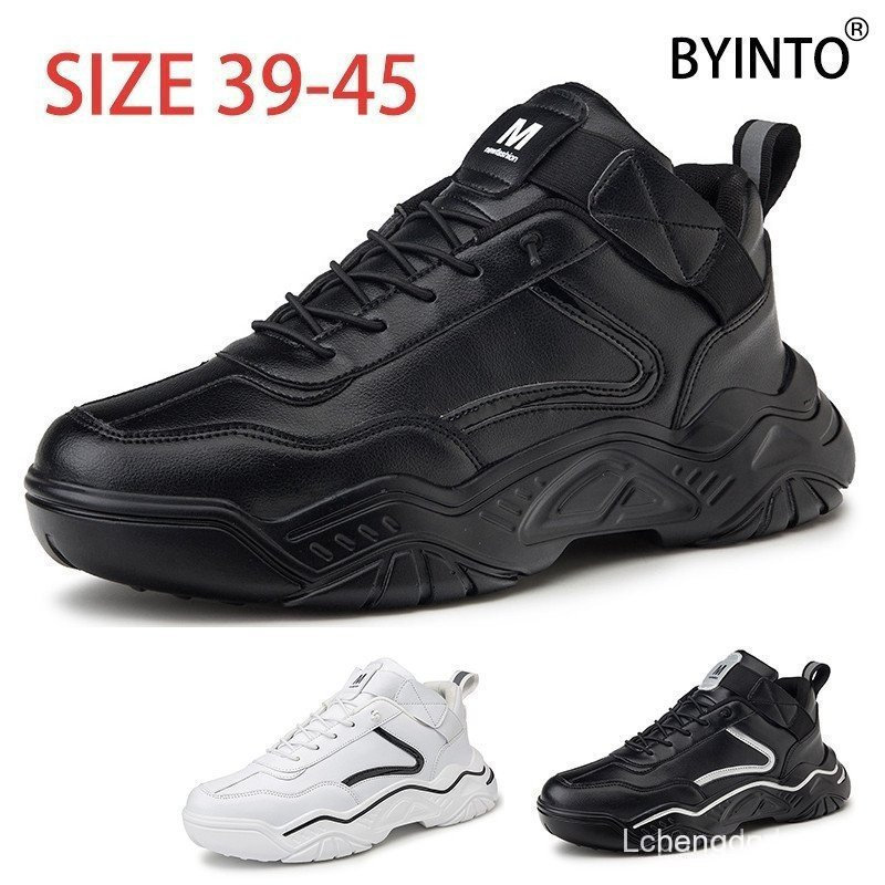 ขนาดใหญ่ 39-45 2023 ผู้ชายวิ่งกีฬารองเท้าเพิ่มความสูงแพลตฟอร์ม Chunky หนังกันน้ํารองเท้าผ้าใบสีดําสี