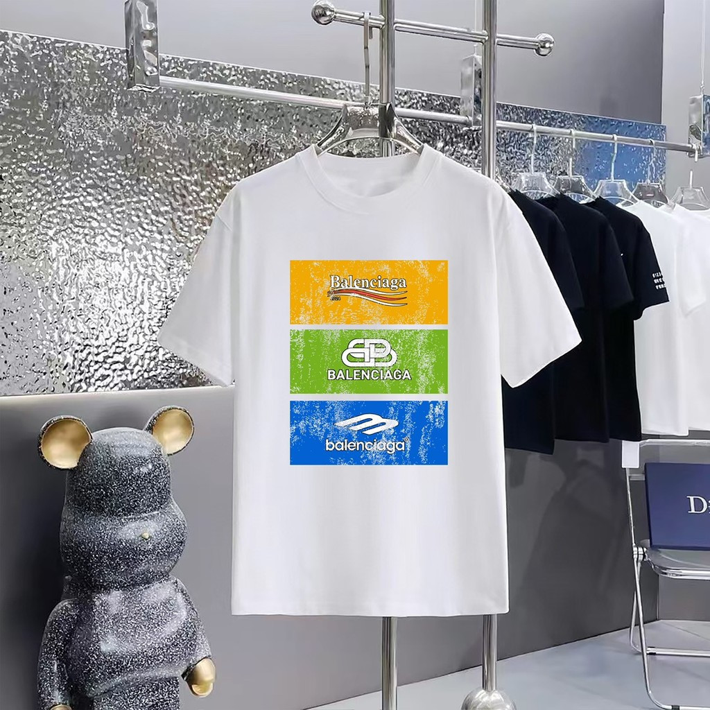 BALENCIAGA/BALENCIAGA คลาสสิกรอบคอแขนสั้นเสื้อยืดผู้ชายผู้หญิงหนักกีฬาสบาย Breathable หลวมสีทึบอารมณ