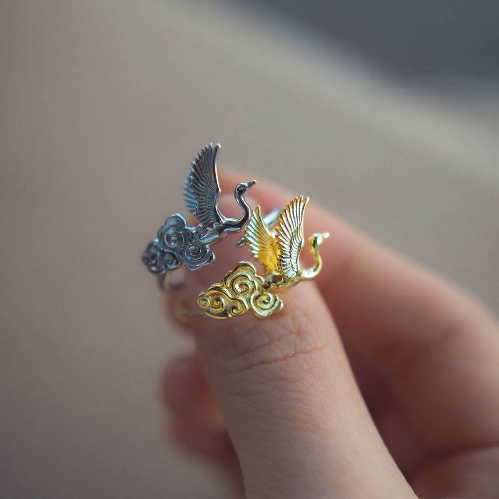 New Product#Cloud Crane999Pure silver finely carved cloud and crane gold-plated ring, adjustable tai