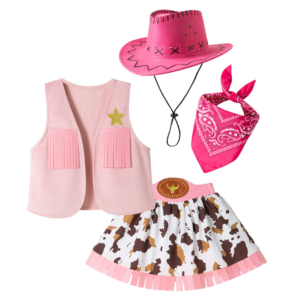 ใหม่แฟชั่นสีชมพู Cowgirl เครื่องแต่งกายสําหรับเด็กสาว 1-11 ปีเสื้อกั๊กกระโปรงคาวบอยหมวกผ้าพันคอชุดวันเกิดชุดฮาโลวีนเครื่องแต่งกายคอสเพลย์ถ่ายภาพ Props