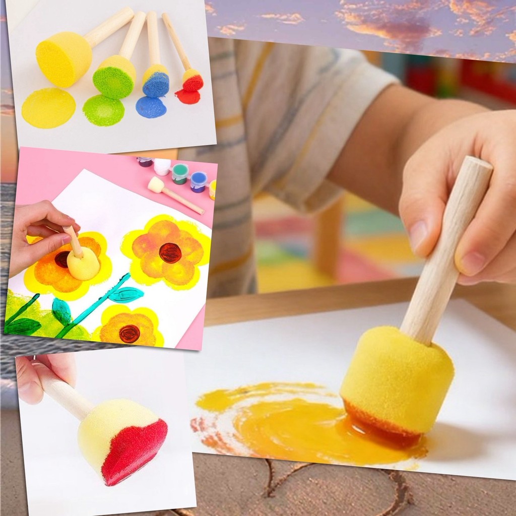 พู่กัน ฟองน้ำ แปรงฟองน้ำ แปรง ทาสี ด้ามไม้ ระบายสี วาดรูป วาดภาพ งานศิลปะ รุ่นอัพเกรด หัวแปรงนุ่ม