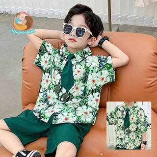 ชุดเด็กผู้ชายลายดอกฮาวาย แฟชั่นหน้าร้อน ลุคเด็กชายสุดเท่