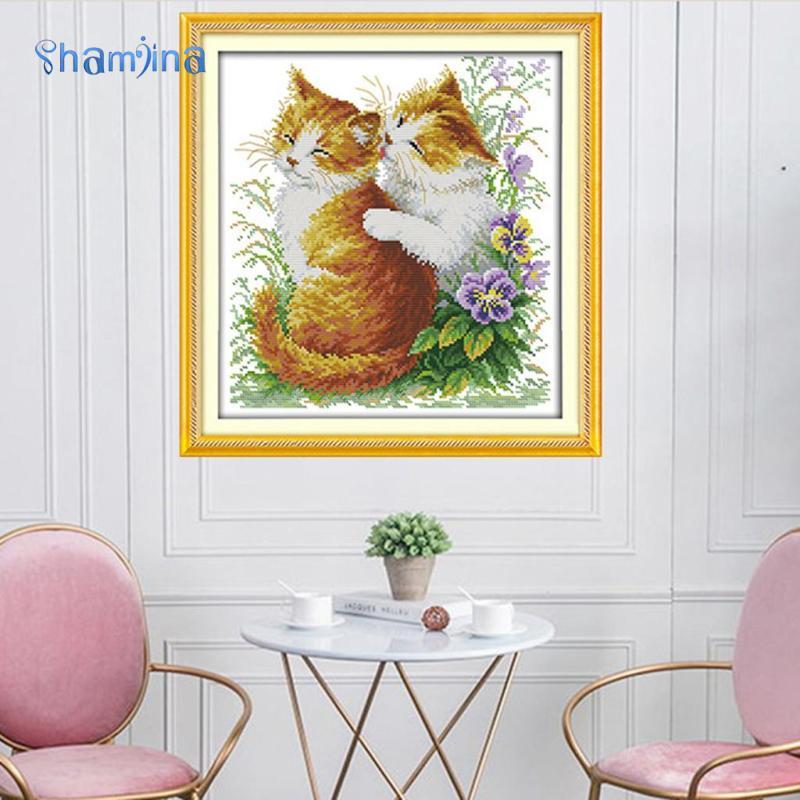 [Shamjina] DIY Stampton Cross Stitch Starter Kit Pre-print Kissing Cats 11CT 42x44cm