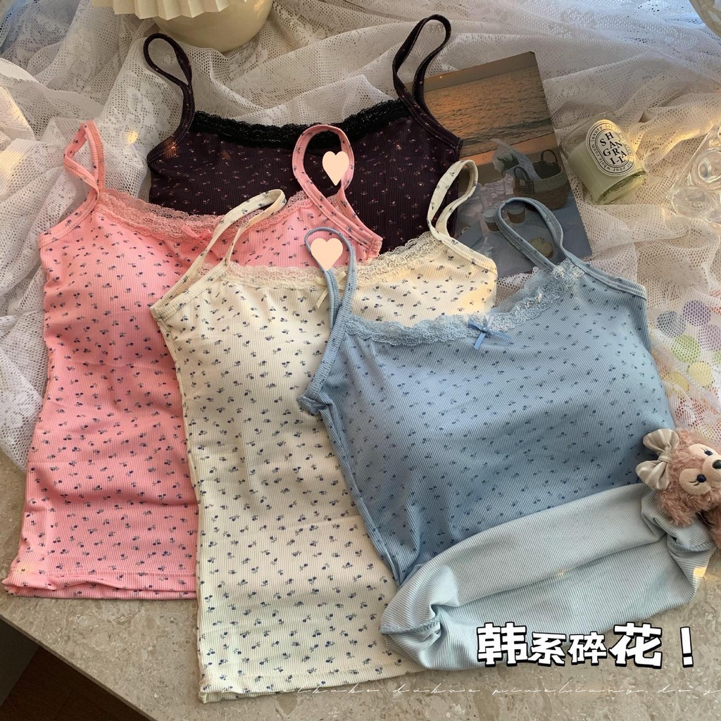 สาวร้อนหวานลูกไม้สีฟ้า camisole ฟาง bm ดอกไม้สาวร้อนหวานสีฟ้าขอบลูกไม้ camisole เสื้อกั๊กขนาดเล็กหญิ