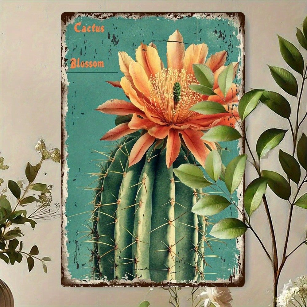 HELLOYOUNG Vintage Cactus Blossom ป้ายโลหะตกแต่งผนัง 12x8 นิ้วโล่สําหรับบาร์สวนครัวบ้าน