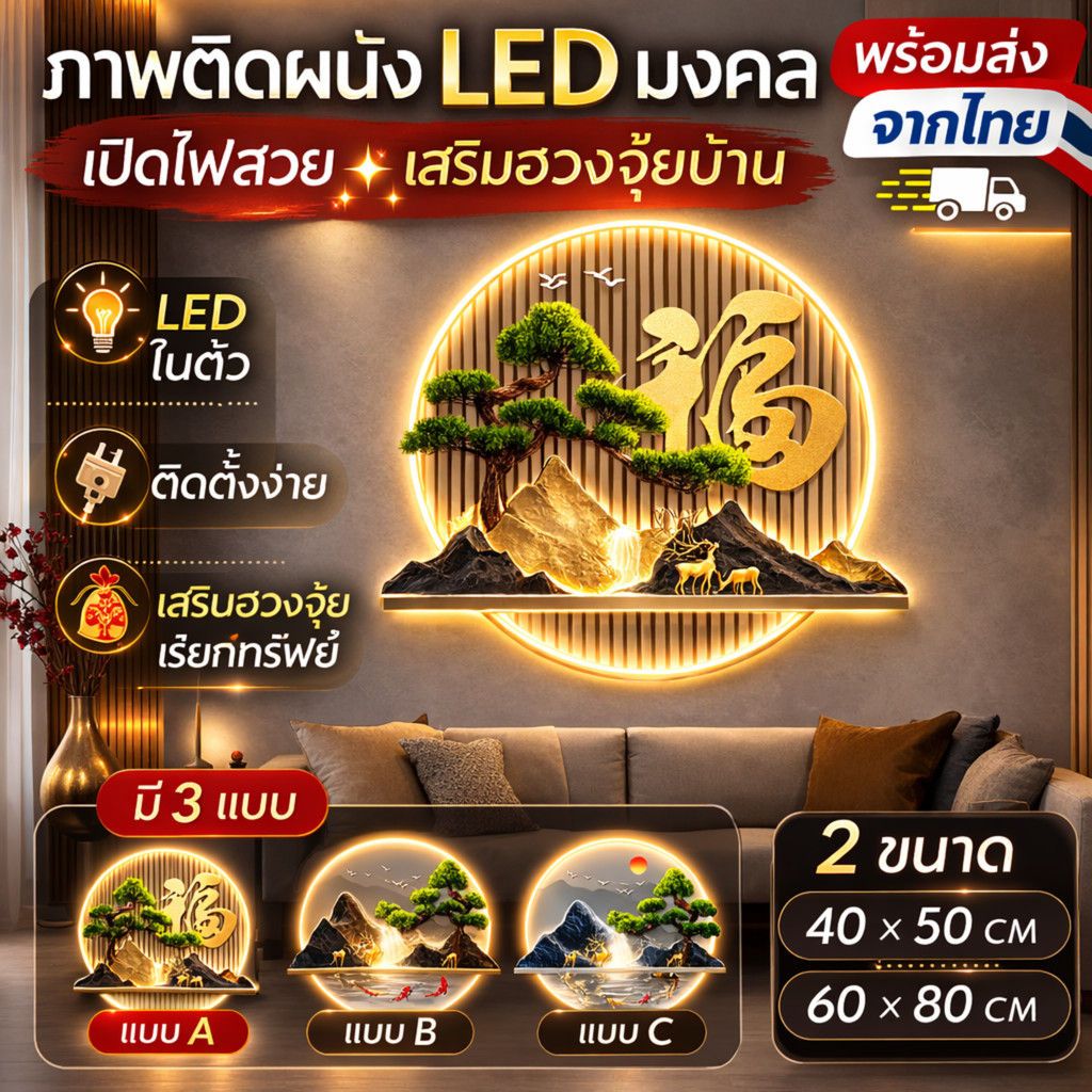พร้อมใช้้ โคมไฟติดผนัง เสริมฮวงจุ้ย LED ขนาด 50 /80 ซม. เสียบปลั๊ก + ชาร์จไฟได้ ลายภูเขา น้ำตก ปลาทอง กวาง ของขวัญ