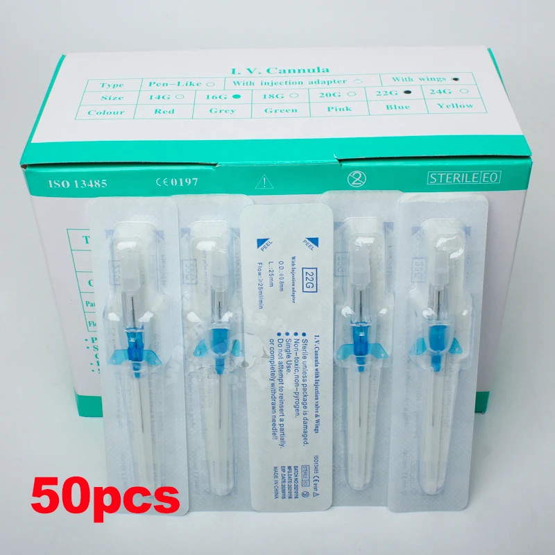 50pcs ทิ้ง IV Cannula Intravenous ฉีด Catheter พร้อมปีก 22G 24G 26G สําหรับสัตว์เลี้ยงสุนัขแมวสัตว์ส
