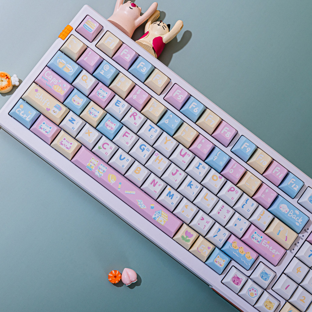 ภาษาไทย Cat Macarons Pink Keycap KCA Profile Dye-Sub PBT Keycap Set สําหรับเล่นเกมคีย์บอร์ดแบบกลไก ค