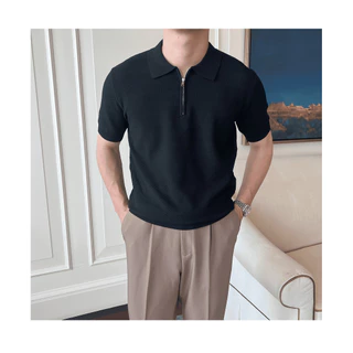 【Houch พร้อมส่ง COD】เสื้อโปโลผู้ชายสีทึบปกเสื้อซิปกีฬาแขนสั้นฤดูร้อนสบาย ๆ สบาย ๆ