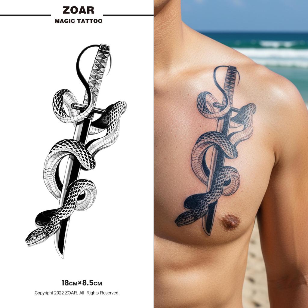 รอยสักกึ่งถาวร ZOAR ลายงูพันดาบ (Z857) สีเข้มคมชัด ไม่โป๊ะ ไม่เงา ติดทนนาน 15 วัน แทททูสมุนไพรกันน้ำ ส่งไวจากไทย