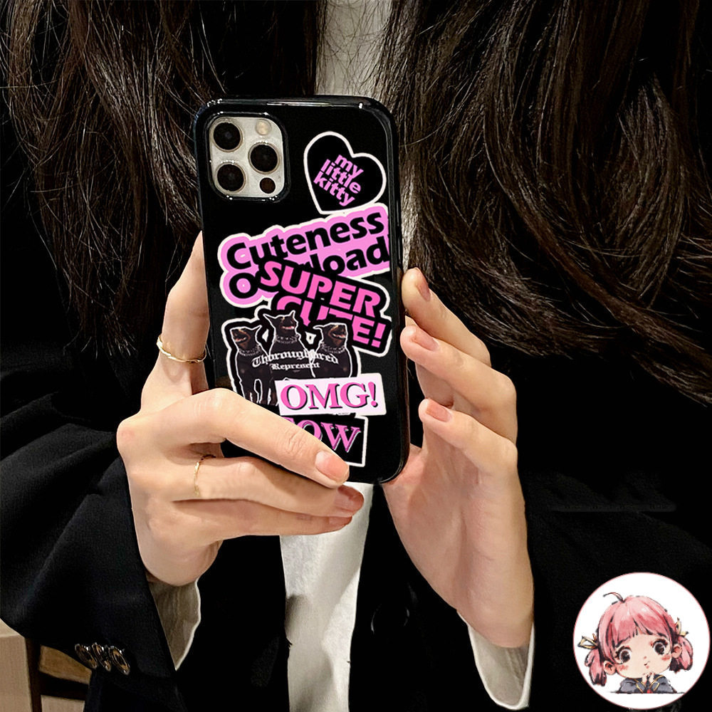 เคสสำหรับไอโฟน13 ส่งจากไทย แมวหัวใจดำชมพู เคสมือถือแบบวาวเยลลี่ For iPhone17 16 15 14 11 12 13ProMAX XS XR 7/8PLUS SE2/3
