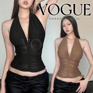 Vogue🌟พร้อมส่ง🌟 เสื้อคล้องคอเปิดไหล่ แต่งกระดุมกลม เรียบหรู ใส่สบาย ไม่มีฟองน้ำ (FY5099#1)
