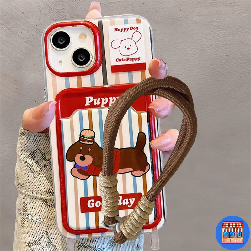 สต๊อกไทย เคสสำหรับไอโฟน13 หมาดัชชุนด์ลายสีแดง เคสช่องใส่การ์ด สายข้อมือ For iPhone17 16 11 12 13PROMAX 14 15PLUS 7/8 SE2