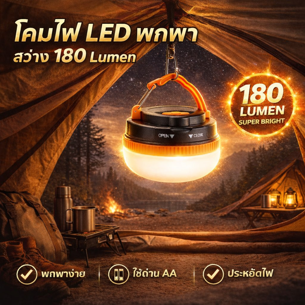 โคมไฟ LED แคมป์ปิ้ง รุ่น LY-YD2 แบบพกพา 180 ลูเมน | ไฟแขวนเต็นท์พร้อมตะขอ ปรับความสว่างได้ 5 ระดับ ใช้ถ่าน AAA 3 ก้อน