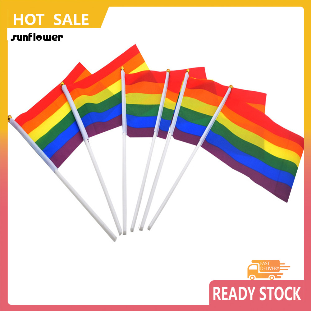 SF_ 6 ชิ้นเกย์เลสเบี้ยน LGBT Pride สัญลักษณ์เทศกาล Party Hand Waving Rainbow Flags
