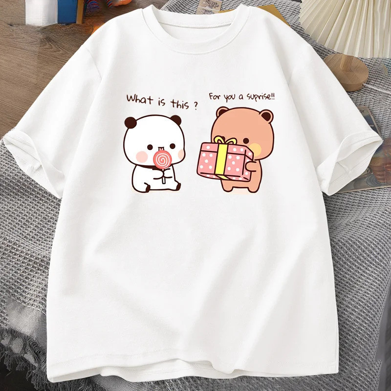 220G 100% CottonSISI Happy Birthday PANDA BEAR เสื้อยืดผู้ชาย Bubun และ Dudu Love Graphic T เสื้อ