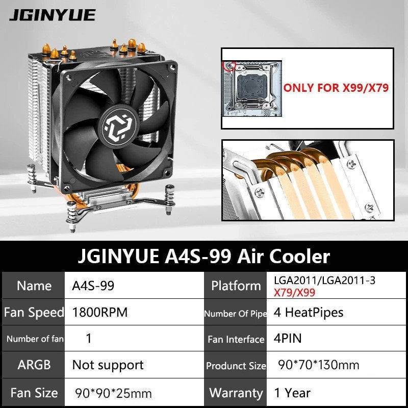 JGINYUE A4S-99 4 ฮีทซิงค์ CPU Air Cooler TDP 150W CPU สําหรับ Intel® X79/X99 เมนบอร์ด LGA2011/LGA201