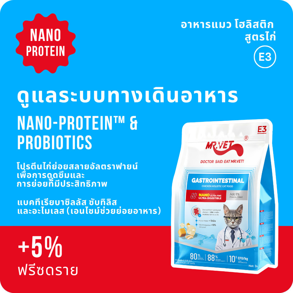 [More gifts]Mr.vet E3 Nano-Protein™ อาหารแมวแห้ง 1กก. ย่อยง่าย ดูดซึมเร็ว เสริมโปรไบโอติก บำรุงระบบย่อยอาหารและลำ