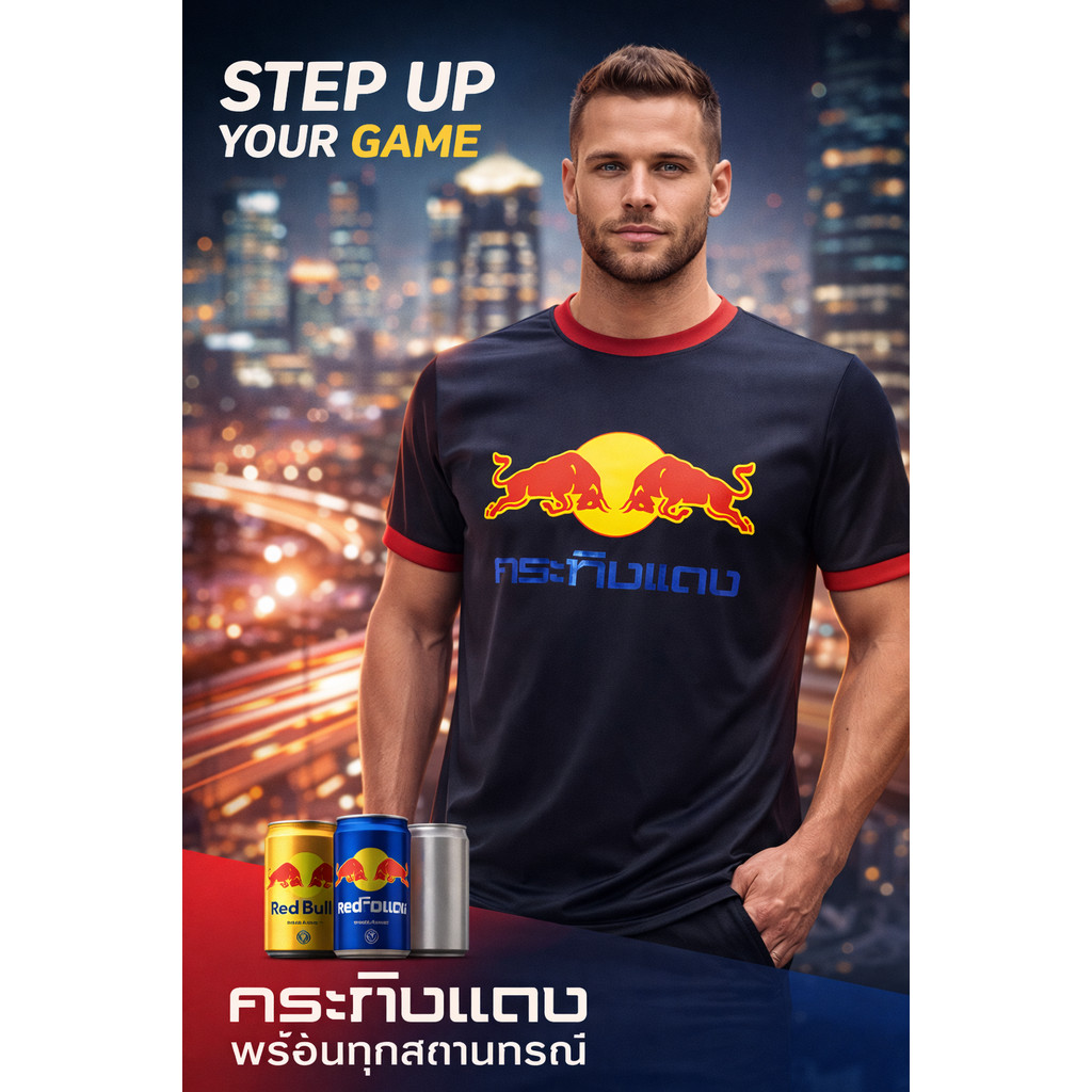 เสื้อยืดสีดำคอแดง สกรีนลายกระทิงแดง มีให้เลือก5ไซส์ S M L XL 2XL เป็นเนื้อผ้ากีฬา