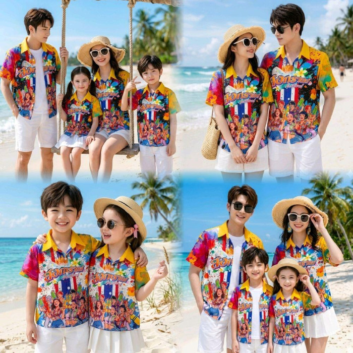 เสื้อฮาวายลายสบัดสีสงกรานต์ ทันสมัย มีสไตล์ ผ้าโพลีพรีเมี่ยม ไซส์เด็ก-ผู้ใหญ่ Position Print ลายการ์ตูนอยู่จุดเดิมทุกตัว