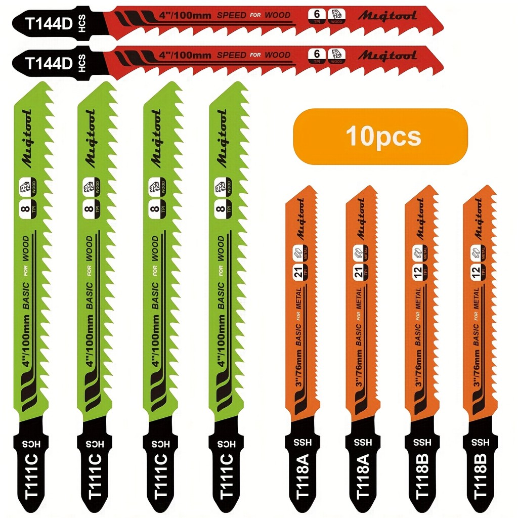 10 ชิ้น T-Shank ชุดใบเลื่อยจิ๊กซอว์ HCS/HSS ไม้สารพันและโลหะชุดเครื่องมือ (T144D/T111C/T118A/T118B) 