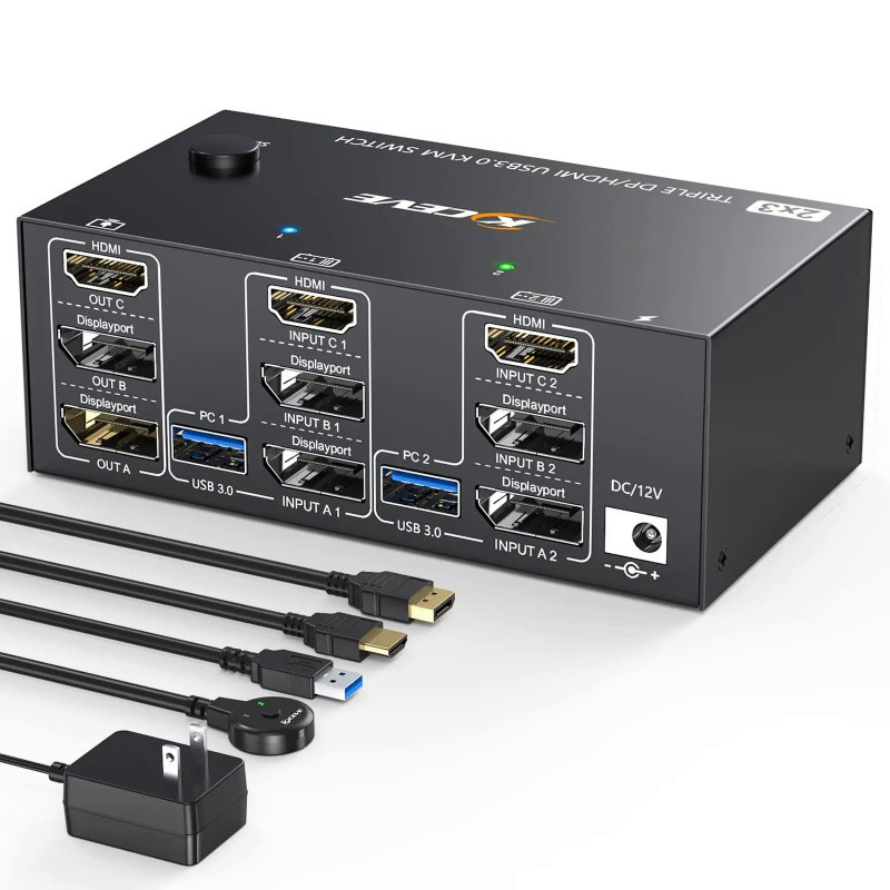 ⭐⭐Triple Monitors KVM Switch 2 Displayport + HDMI USB 3.0 KVM Switch 8K@60Hz,4K@144Hz,Apply to 3 Mon