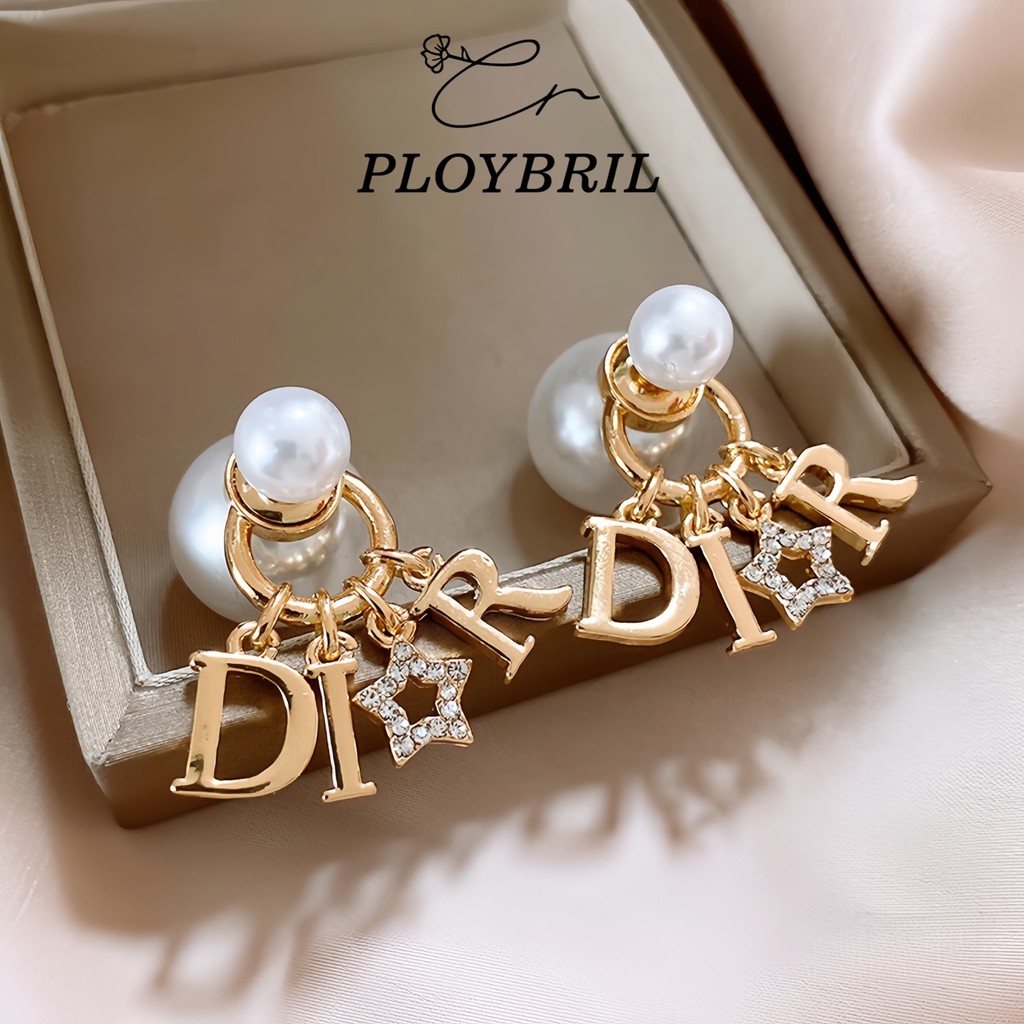 PLOYBRIL เดรช เข็มเงินเพชรดาวจดหมายลูกมุกต่างหูสองสวมใส่ E055