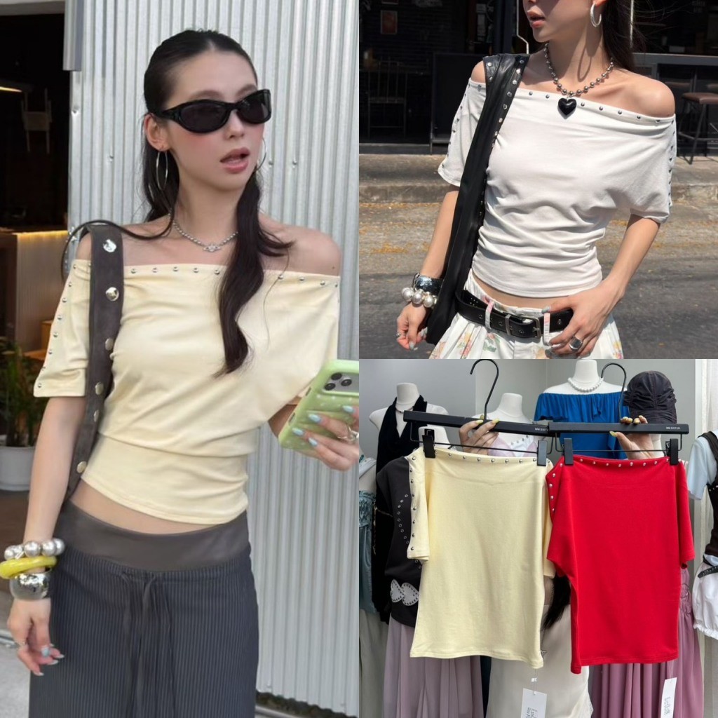 ❤ 🧵 🇰🇷 SU161 เสื้อปาดไหล่แขนสั้น แต่อะไหล่ งานเก๋ งานฮิตมากๆ ดูเก๋มากๆค่า ผ้าดีใส่สบาย แฟชั่นเกาหลี TAG MM Fish 🧵🧡