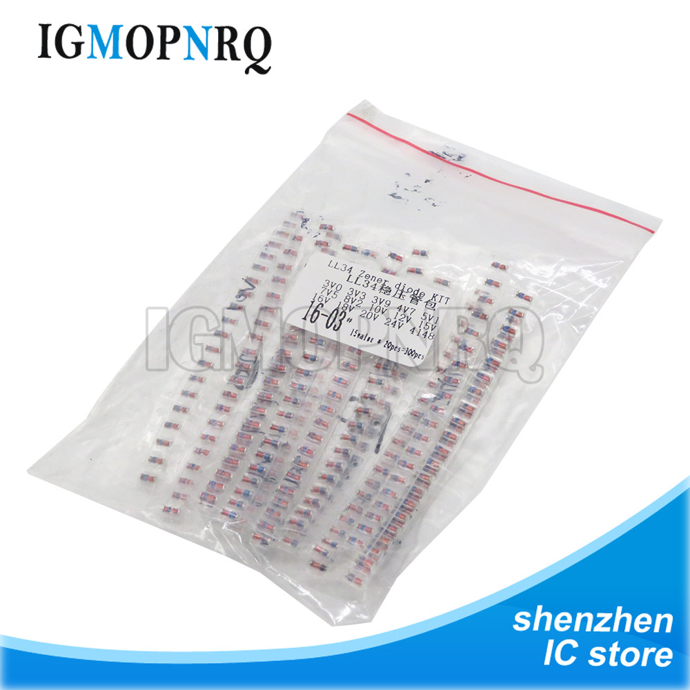 LL34 SMD Zener ไดโอด 3 V-24 V 15 ค่า *10 ชิ้น = 300 ชิ้นสารพันชุด 3V 3V3 4V7 5V1 7V5 8V2 10V 12V 15V