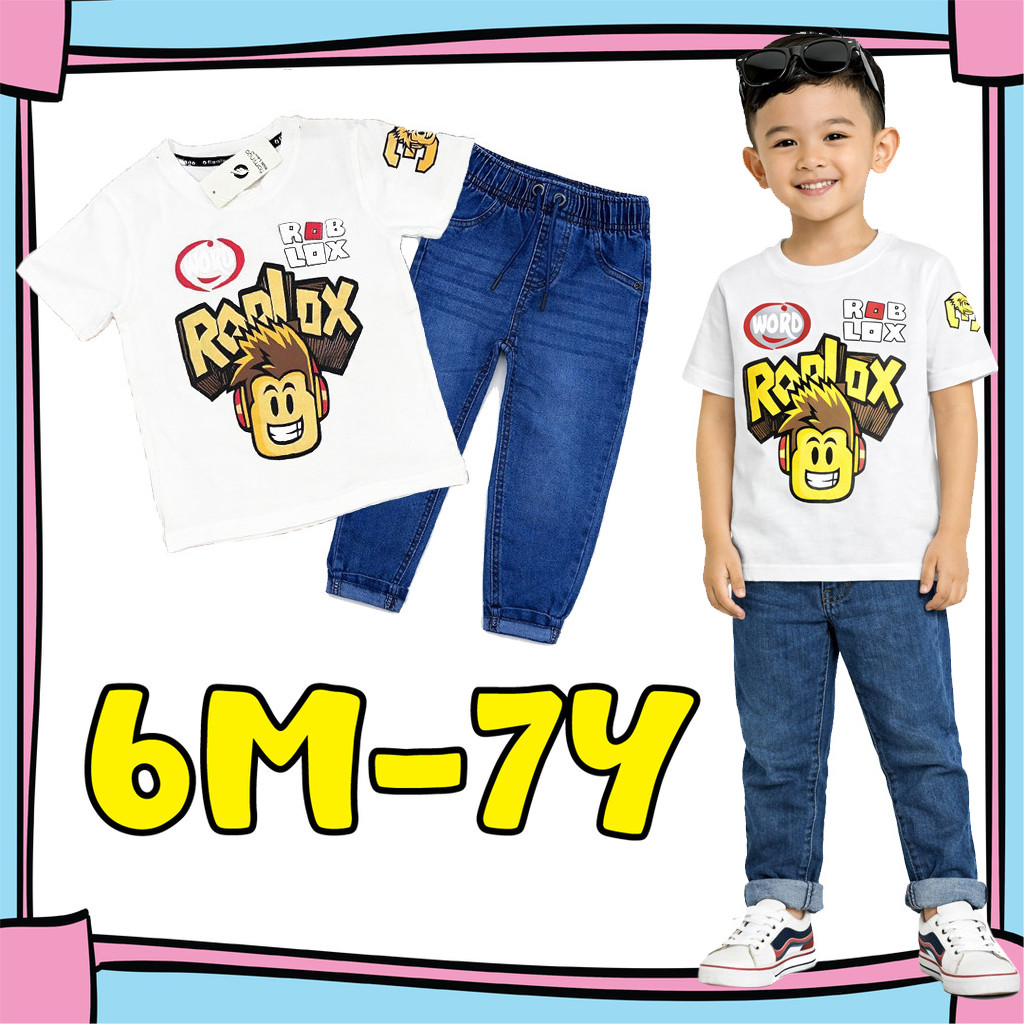 (6M-7Y) WHITE Boys Ro-Blox Shirt and Jeans Set ชุดยีนส์เด็ก/ชุดยีนส์เด็ก