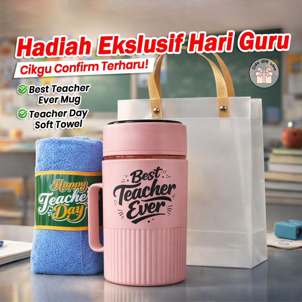 VCR Teacher Day Set Mug Towel Bag Best Teacher Ever Present Hari Guru Hadiah Cikgu