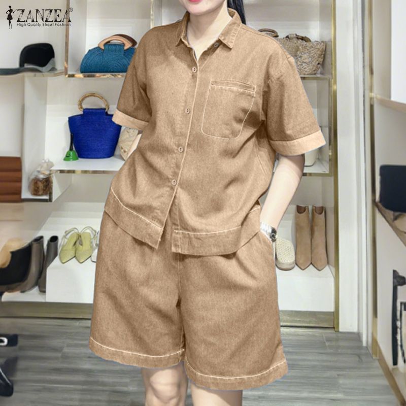 ZANZEA เสื้อเชิ้ตแขนสั้นลําลองสไตล์เกาหลีสําหรับผู้หญิงและกางเกงขาสั้นเอวยางยืดหลวมชุดสองชิ้น — صورة 5