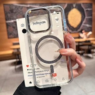 เคสโทรศัพท์โปร่งใสสำหรับ iPhone 15 14 13 12 11 16 17 Pro Max Plus ปกป้องกล้อง กันกระแทก ฝาหลังแข็ง พร้อมสีตัดกันชัดเจน กันตก และชาร์จไร้สายแบบแม่เหล็กพร้อมกลิตเตอร์