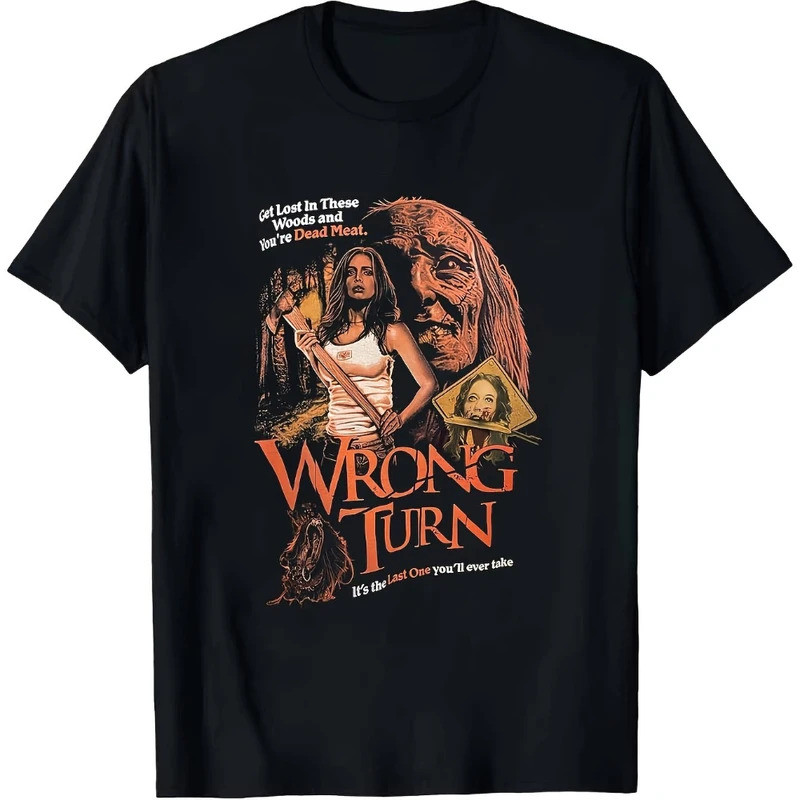 เสื้อยืดลายหนังสยองขวัญ "Wrong Turn" พร้อมลายหน้ากากเลื่อยยนต์ ทรงหลวม แขนสั้น สำหรับผู้ชาย