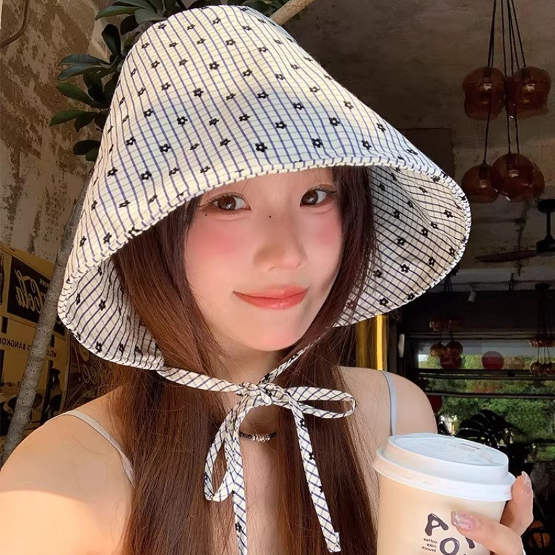 หมวกชาวประมงผู้หญิง ลายตารางเล็กๆ สไตล์ฝรั่งเศส ขนาดใหญ่ ก้านกว้าง เพื่อการป้องกันแสงแดดในวันหยุดพักผ่อนฤดูร้อน ราคา ถูกที่สุด ดีลบีเคเค แกลเลอรีภาพที่ 3