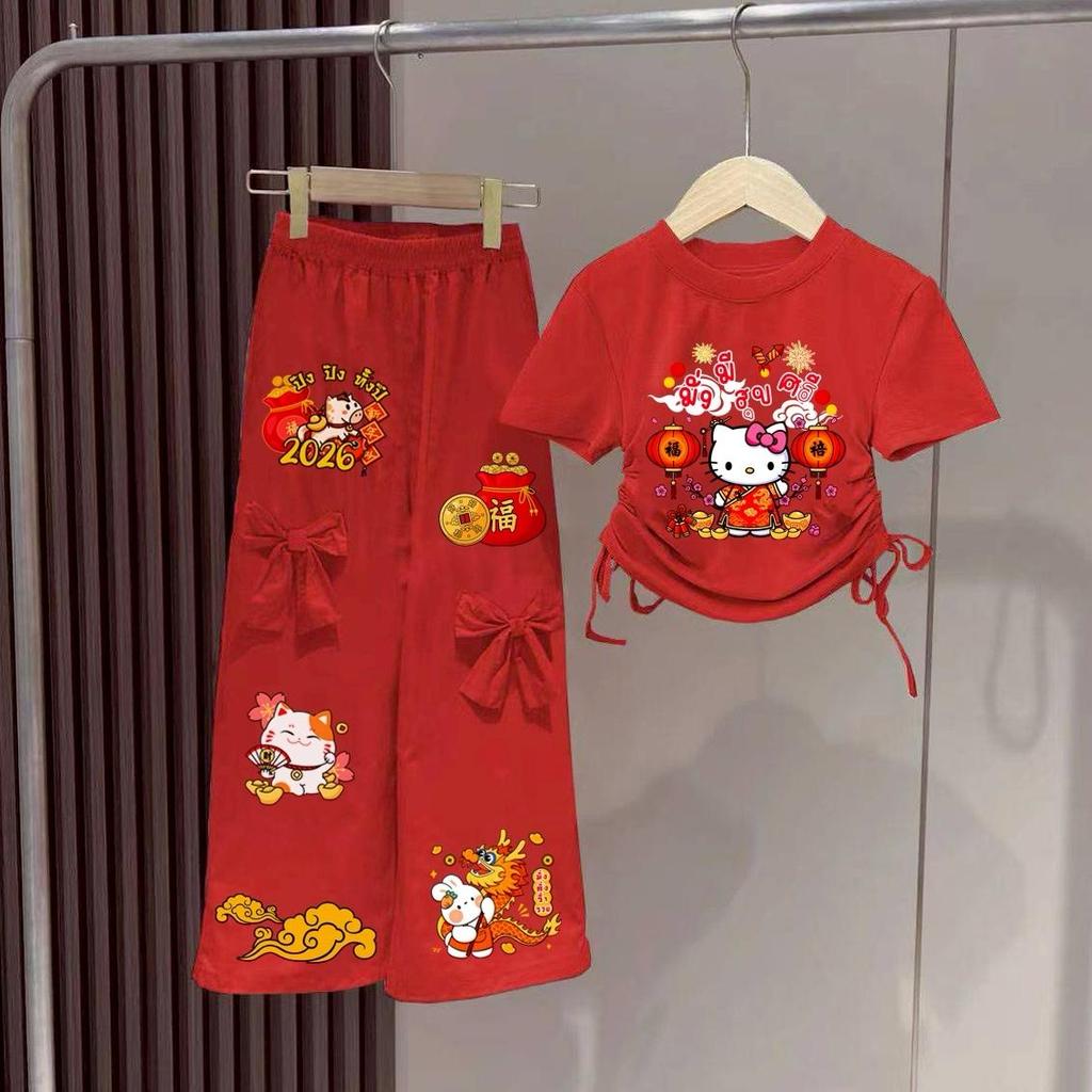 ชุดเซ็ดเด็กผู้หญิงลายตรุษจีน2026 เสื้อเชือกผูกโบว์ข้าว+กางเกงขายาวแต่งโบว์