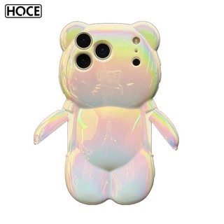 HOCE น่ารัก 3D Aurora การ์ตูนหมีเคสโทรศัพท์สําหรับ IPhone 17 15 14 13 12 16 Pro Max เลเซอร์สีสันสดใส Rainbow Gradient ฝาครอบ